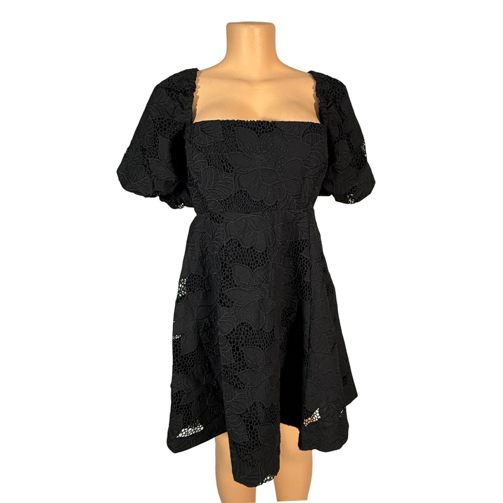 Hill House Matilda Mini Dress Womens Large Black Lace Puff Sleeve